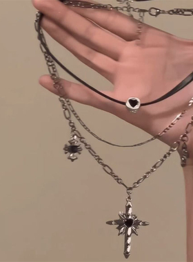 「黑绳甜酷心」叠戴项链女辣妹黑皮绳链锁骨链choker颈链酷风钛钢