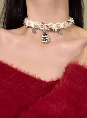 【圣诞氛围】圣诞树星星缠绕流苏项链高级毛绒小香风choker配饰女