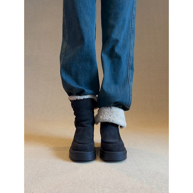 牛皮版~厚底冬季加绒外穿毛毛棉靴女短筒靴羊羔毛雪地靴黑色中筒,淘宝优惠券,粉丝福利购,淘宝优惠卷