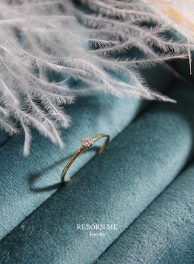 简~S925纯银镀14K金戒指女日韩版镶嵌钻锆石极细单钻戒指尾戒指环