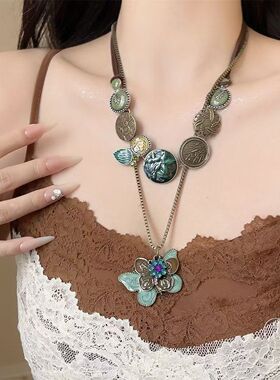 中古vintage复古蝴蝶叠戴项链女双生轻奢小众高级感锁骨颈链配饰