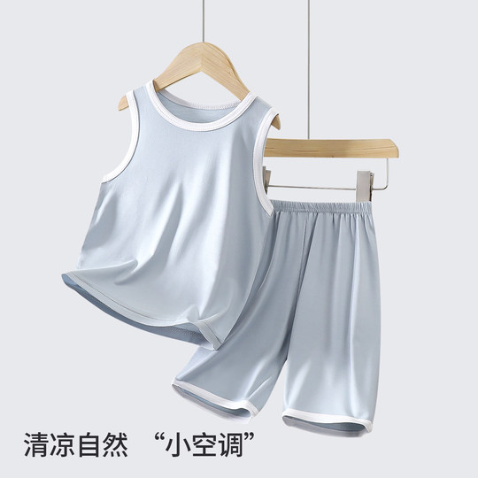 儿童背心套装薄款莫代尔家居男童无袖空调服宝宝冰丝睡衣夏季男孩