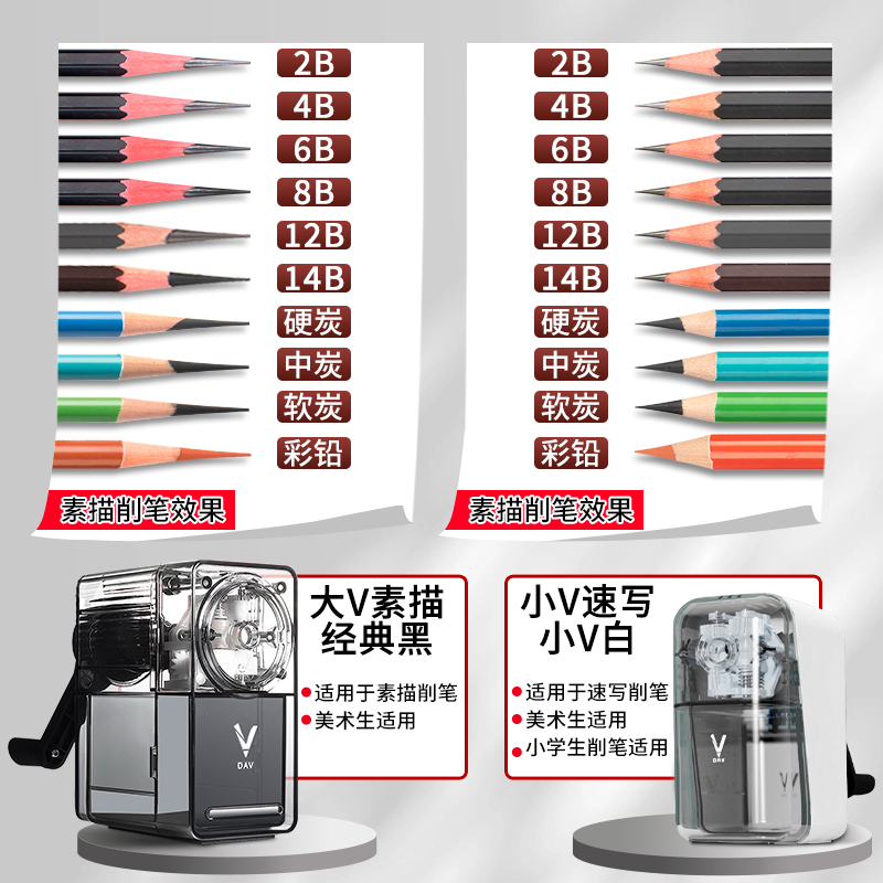 DAV大V削笔器素描速写美术生专用V5V6手摇式卷笔刀削笔机铅笔炭笔转笔刀旗舰店正品大卫手摇卷笔机替换粗细 - 图3