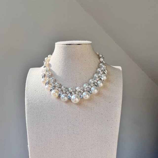 BaroqueMemories-Baroque memories French flash diamond multi-layer pearl necklace clavicle chain silver retro