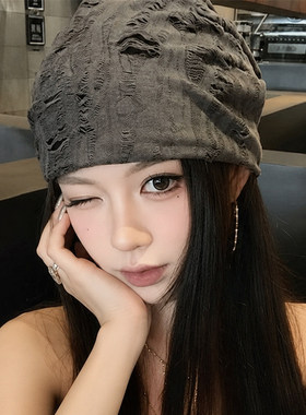 美式复古灰色大头围冷帽子女款显脸小适合方圆脸堆堆帽针织包头帽