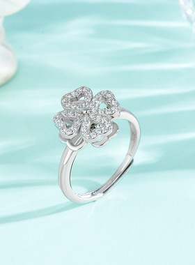 s925纯银四叶草旋转戒指女时尚潮流镶钻韩版活口流行戒指