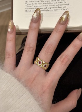 925法式复古新中式微镶红宝石玫瑰花窗戒指几何环形镂空气质指环