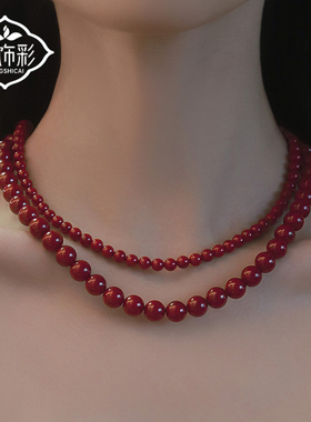复古酒红色珍珠项链女