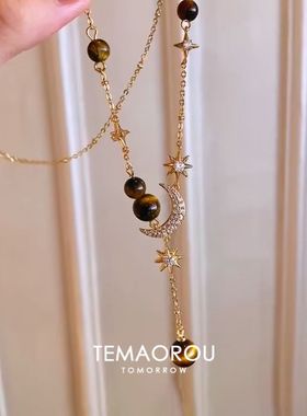 秋冬美拉德!星月虎眼色y字毛衣链小众设计项链女日常轻奢复古风