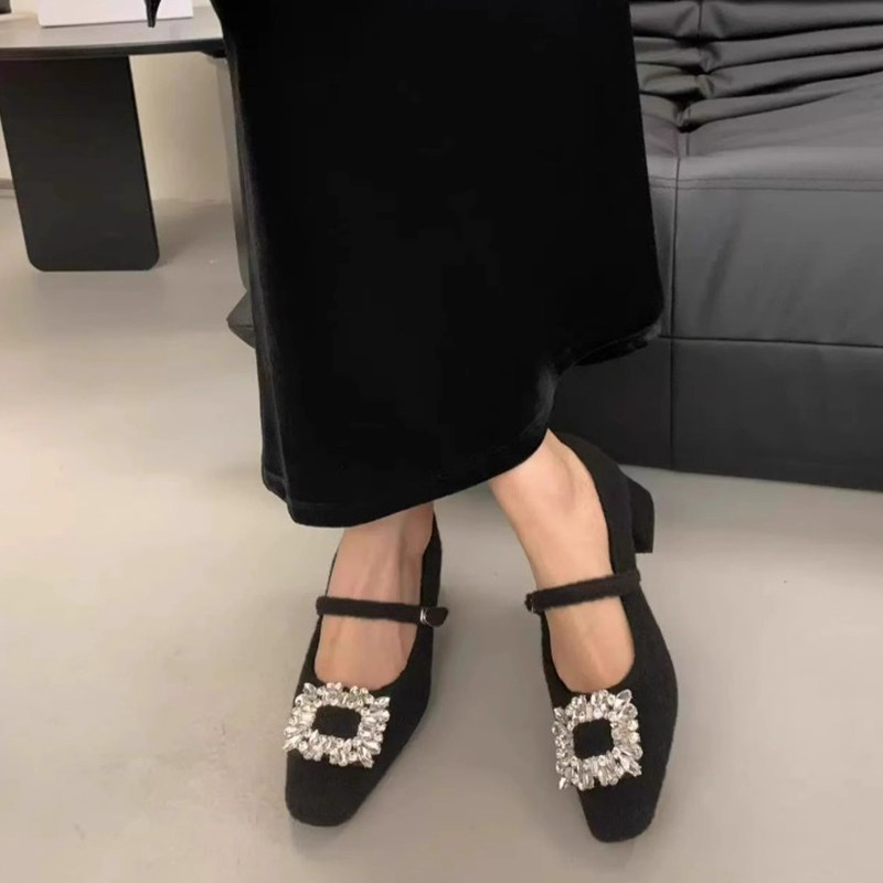 粗跟气质玛丽珍鞋法式晚晚方头水钻呢子毛毛鞋女秋冬外穿高跟单鞋,淘宝优惠券,粉丝福利购,淘宝优惠卷