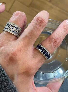 蓝色闪钻椭圆排钻戒指女新款叠戴中古风vintage素圈镂空宽版指环