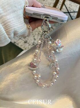 可爱少女粉色闪钻木马kitty猫串珠手机链手机挂件ccd相机挂件新款