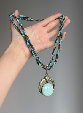 【寻光】波西米亚中古蓝色麻花米珠项链女小众民族风古铜镜锁骨链