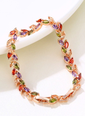 七彩水晶柳叶手链欧美手镯手链饰品 时尚铜锆石手链批发 wish热卖
