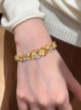 新中式复古璀璨海棠花闪钻金手链高级感女款精致手链手饰品