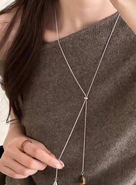 虎眼石水滴抽拉项链女2025新款爆款轻奢小众设计感长款毛衣链配饰