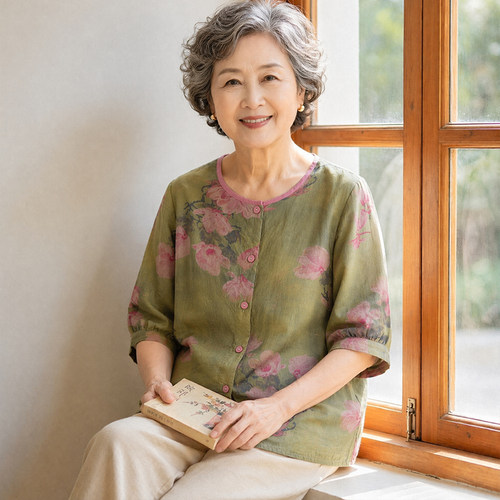 中老年人女装夏季绵绸开衫两件套妈妈装宽松上衣奶奶套装薄款衬衫 - 图1