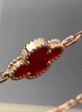 高版本四叶草红玛瑙石五花手链女幸运玫瑰金白金色黄金贝母紫玉髓