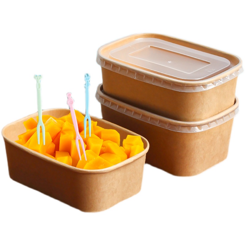 一次性餐盒牛皮纸带盖水果沙拉盒外卖快餐打包盒家用无盖露营野炊-图3