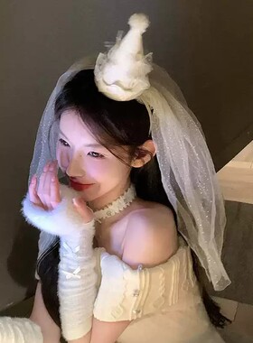 法式蝴蝶结白色公主头纱发箍生日帽子头饰女生氛围感拍照道具发饰