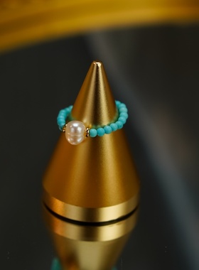 淡水珍珠 小绿松石珍珠戒指弹力 时尚珍珠指环手饰