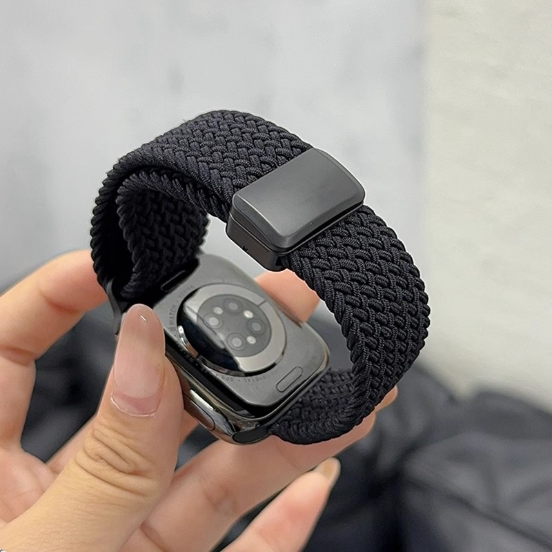 适用applewatch9编织磁吸表带苹果手表iwach10弹力尼龙新款Ultra2/3金属扣S9/s8/7/6/5/4代透气SE腕带男夏天 - 图1