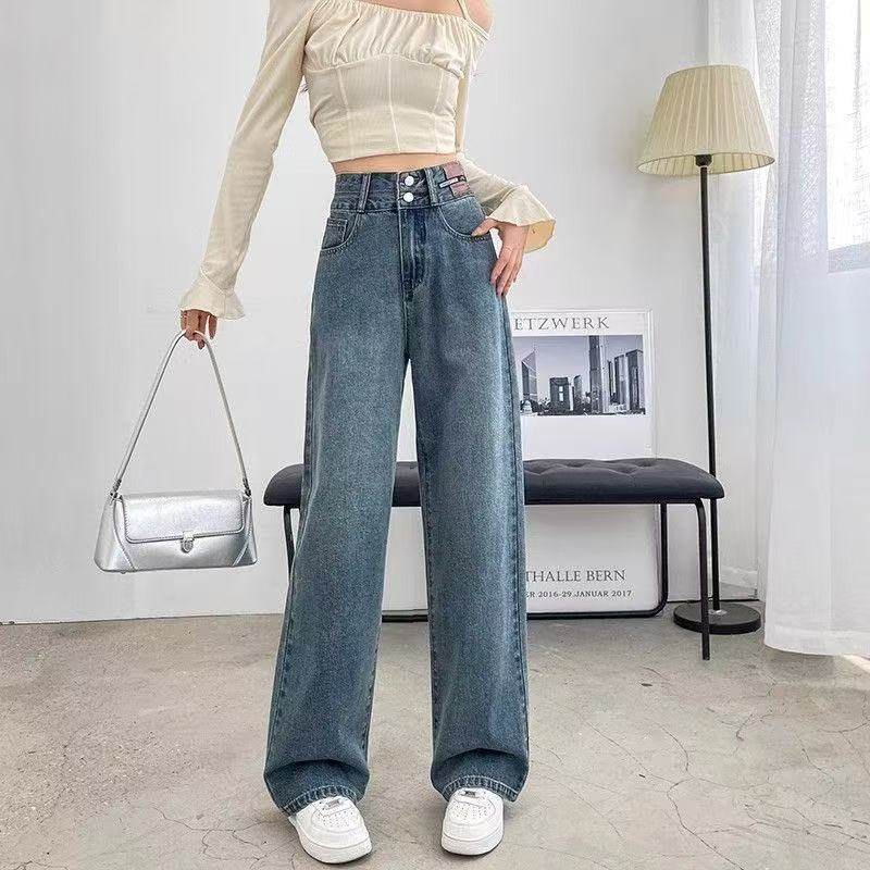 大码复古蓝直筒牛仔裤女宽松阔腿高腰双扣收腹窄版垂感梨型长裤子,淘宝优惠券,粉丝福利购,淘宝优惠卷
