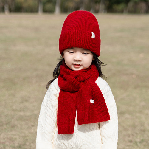 秋冬季儿童帽子围巾套装女童针织毛线帽圣诞节男童宝宝保暖红色 - 图1