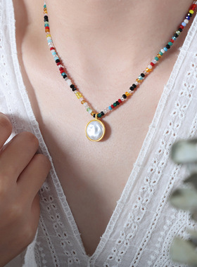 多巴胺多彩圆盘魔镜吊坠项链天然石算盘珠锆石西太后百搭饰品批发