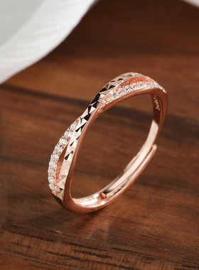 s925纯银简约闪麟交叉锆石食指戒指女ins网红时尚个性可调节指环