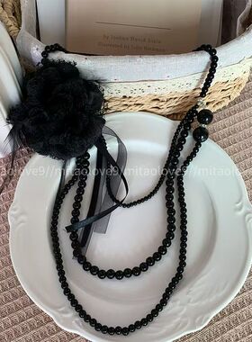 vintage花朵项链古早氛围感多层温柔蕾丝花仿珍珠锁骨链亚文化