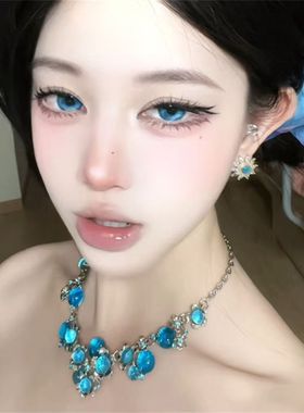 蓝色闪钻花朵项链女2026新款轻奢精致独特小众高级重工锁骨链配饰