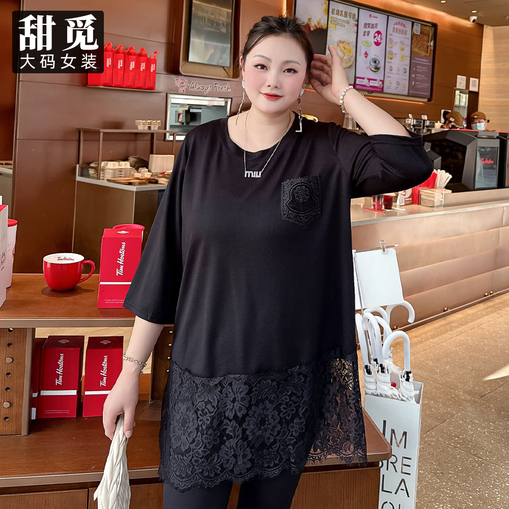 甜觅特大码女装2025春夏装胖mm300斤蕾丝拼接显瘦宽松长款圆领T恤 - 图3