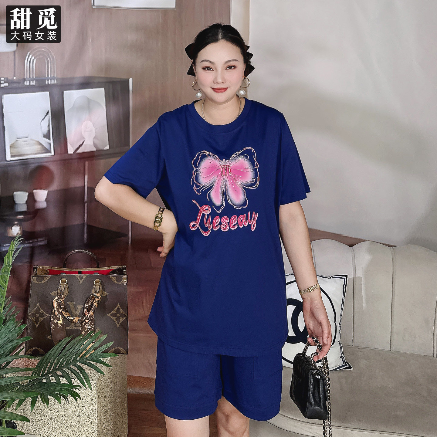 甜觅特大码女装2025夏季胖mm300斤蝴蝶烫钻印花宽松T恤短裤套装DF,淘宝优惠券,粉丝福利购,淘宝优惠卷