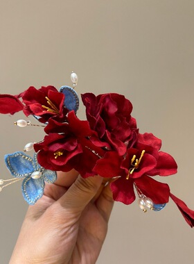复古红色山茶花低子头古风旗袍发饰女蝴蝶发夹侧边新娘头饰