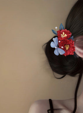 新中式红色山茶花发夹新娘订婚头饰古风旗袍侧边簪花低盘发发饰
