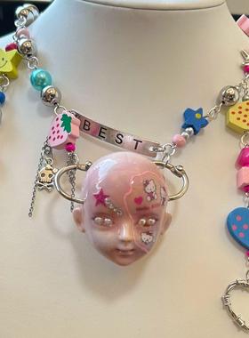 多巴胺多彩夸张娃头项链Y2k