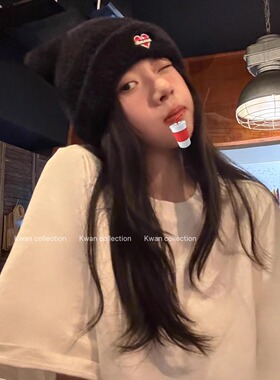 韩系爱心刺绣猫耳朵毛线帽子女
