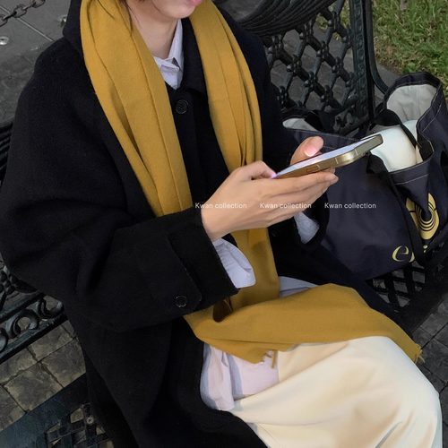 KWAN韩国ins芥末黄纯羊毛围巾女秋冬高级感针织流苏围脖百搭披肩 - 图1