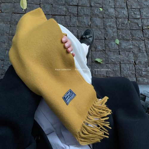 KWAN韩国ins芥末黄纯羊毛围巾女秋冬高级感针织流苏围脖百搭披肩 - 图3