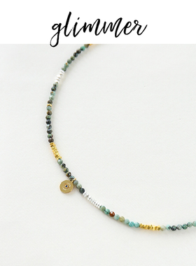 铜镀金吊坠绿色系石头串珠颈链