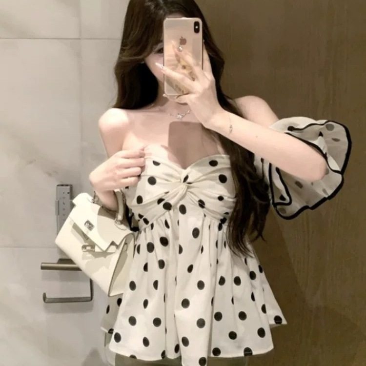 夏季纯欲风波点衬衫短袖t恤女一字肩设计感小众辣妹绝美性感上衣,淘宝优惠券,粉丝福利购,淘宝优惠卷