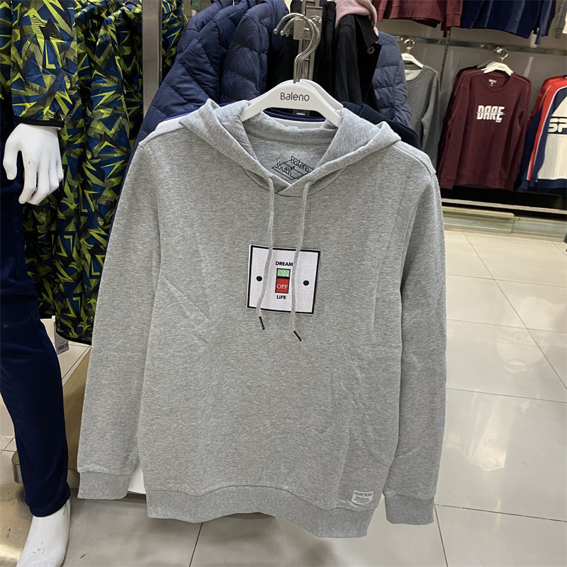 班尼路男装秋冬纯棉简约印花加绒连帽卫衣男上衣保暖打底衫 潮衣 - 图2