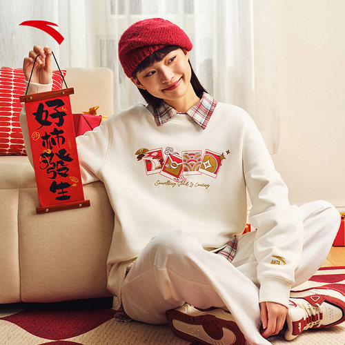 安踏好事发生丨新年红色套头卫衣男女加绒休闲印花上衣马年本命年 - 图2