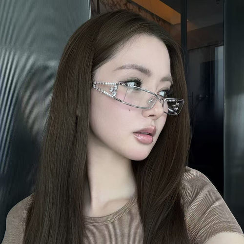 镶钻珍珠防蓝光眼镜架女Y2K辣妹银色窄框素颜神器网红同款平光镜 - 图2