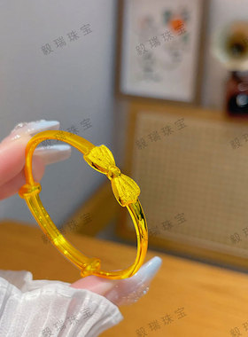 甜美金包银蝴蝶结童镯高级感简约黄金可爱儿童镯子饰品礼物