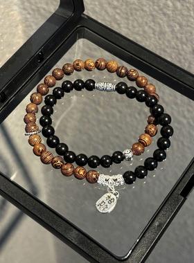 2026新中式火神双圈招财纳福檀木串珠手链小众设计古风情侣手串礼