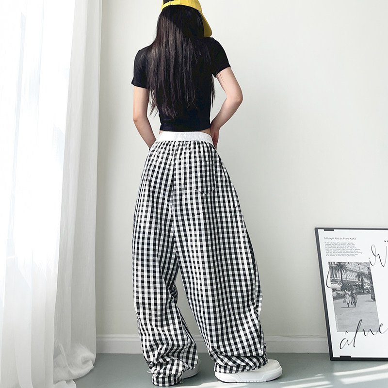 大码夏季多巴胺拼接格子阔腿裤女梨型身材显瘦遮肉垂感拖地工装裤,淘宝优惠券,粉丝福利购,淘宝优惠卷