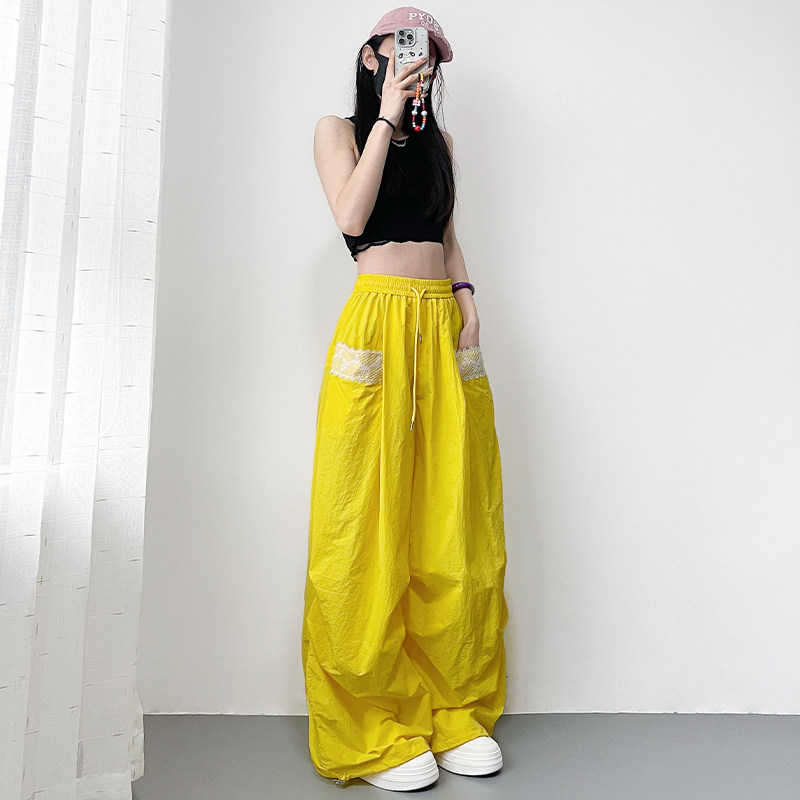 大码宽松胖mm蕾丝口袋阔腿裤女夏季胖mm显瘦运动冰丝速干工装裤子,淘宝优惠券,粉丝福利购,淘宝优惠卷