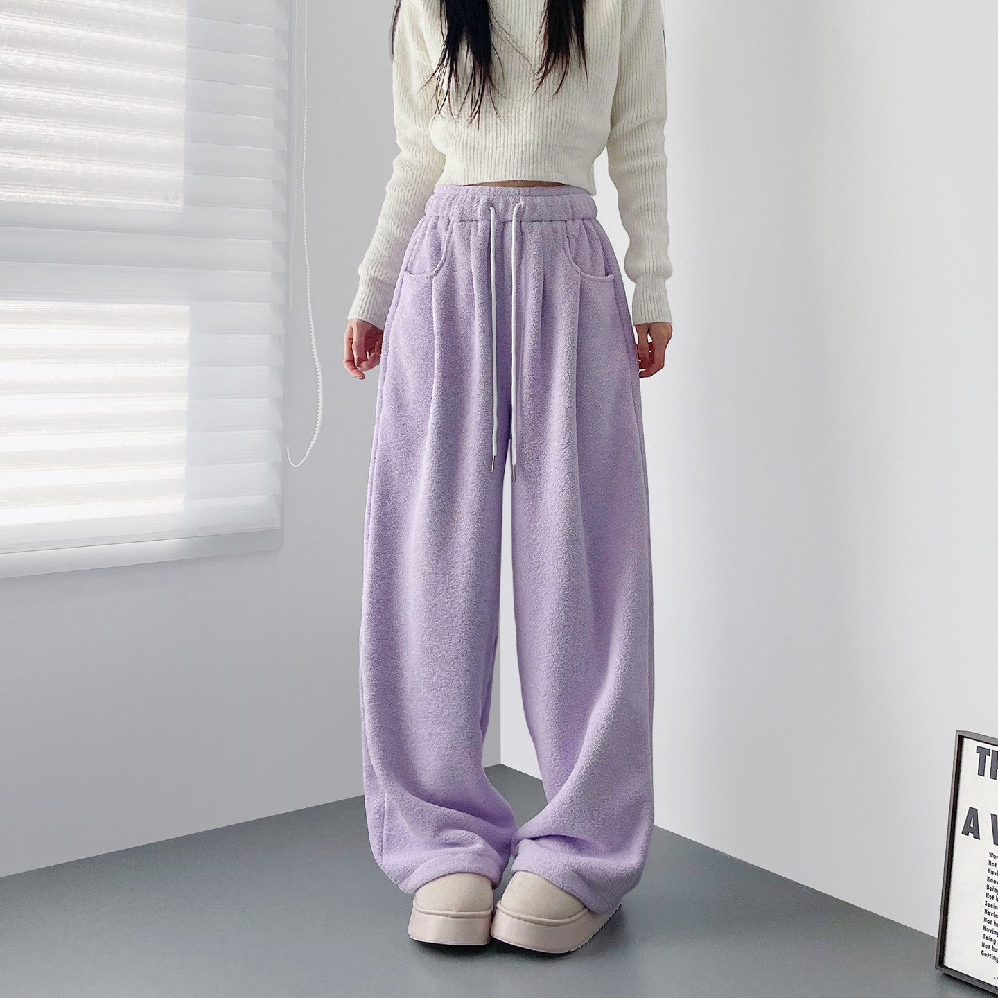大码春季新款显瘦慵懒风毛巾裤女胖mm宽松梨形身材仿羊绒阔腿卫裤,淘宝优惠券,粉丝福利购,淘宝优惠卷